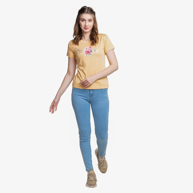 Flower Print Lemon Colour Round Neck T-shirt For Ladies Zippered Front Buttoned Front Snap Front