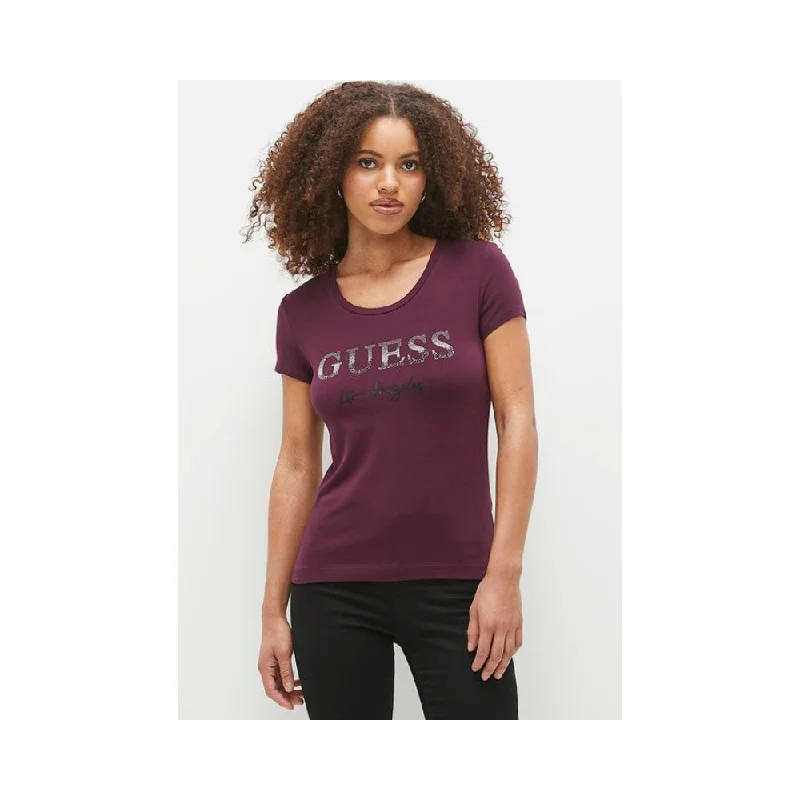 Guess Lds Ss Cn Logo Micro Studs Tee Cherry Print Jacquard Patchwork