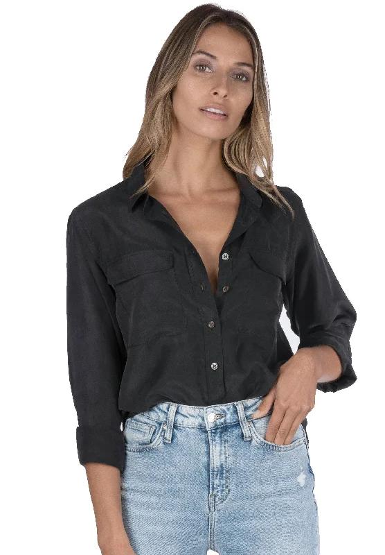 Lete-Silk Black Classic Sand Washed Silk Shirt Iron Safe Non-Iron Wrinkle Free