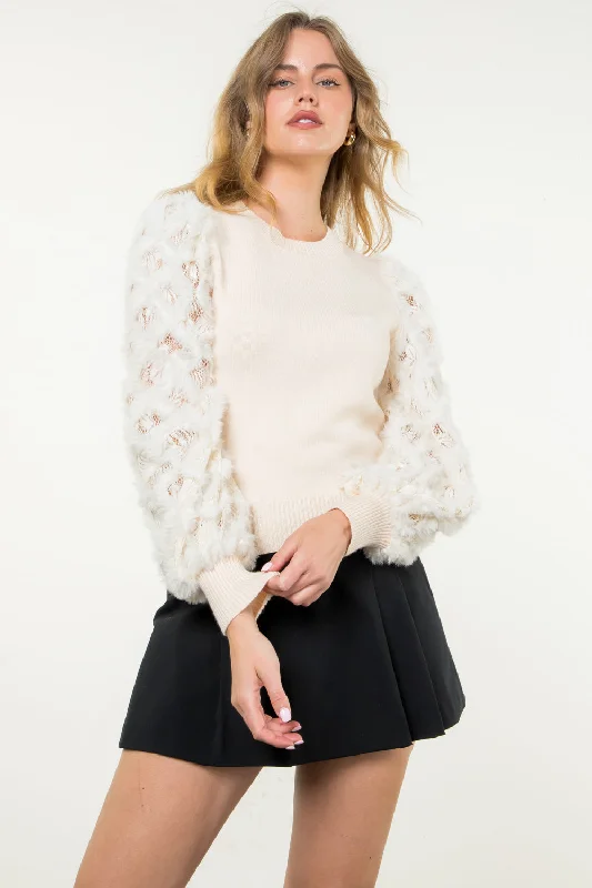Mixed Media Knit Top Round Neck Knit Blouse