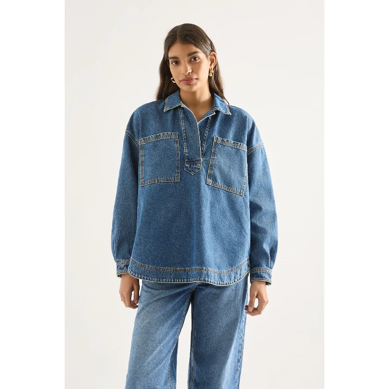 Outland Demin Josie Shirt- Moment Mid Blue Cotton Fabric Linen Fabric Terry Fabric