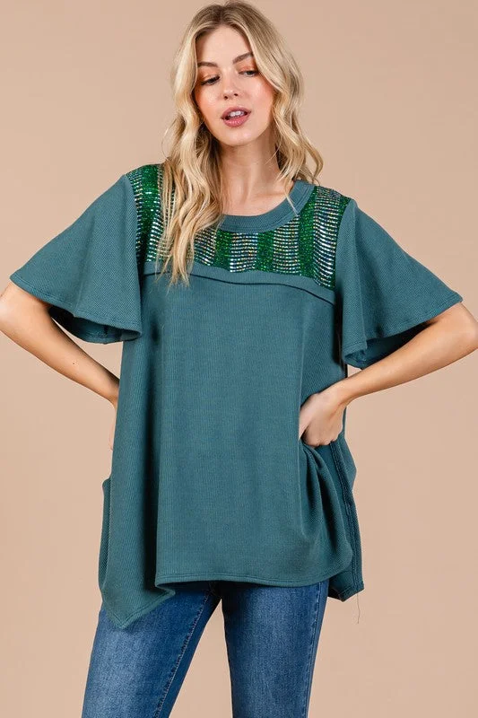 TEAL SOFT RIBBED RETRO RHINESTONE SHORT BELL SLEEVES KNIT TOP CFTT3584SB Mint Green Knit Blouse
