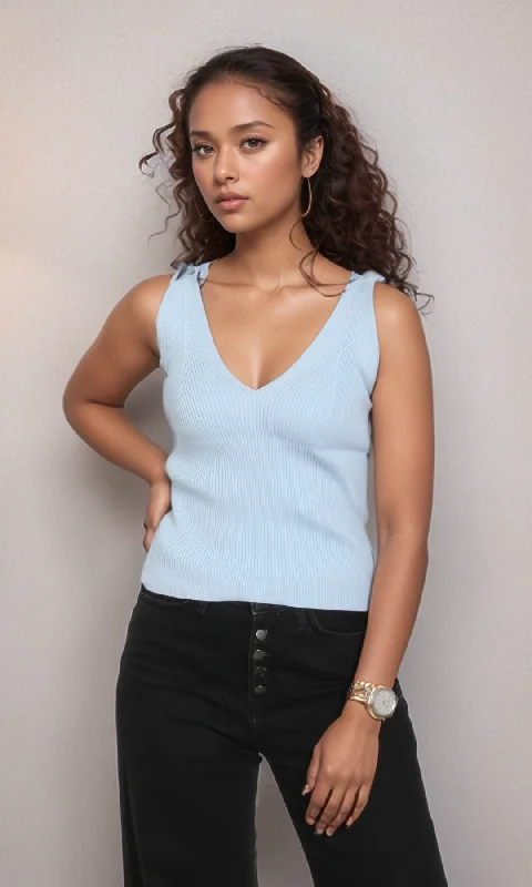 Women Fitted Knit Top (Baby Blue) Asymmetrical Knit Blouse