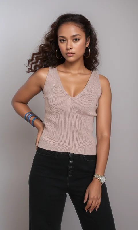 Women Fitted Knit Top (Dark Beige) One Shoulder Knit Shirt