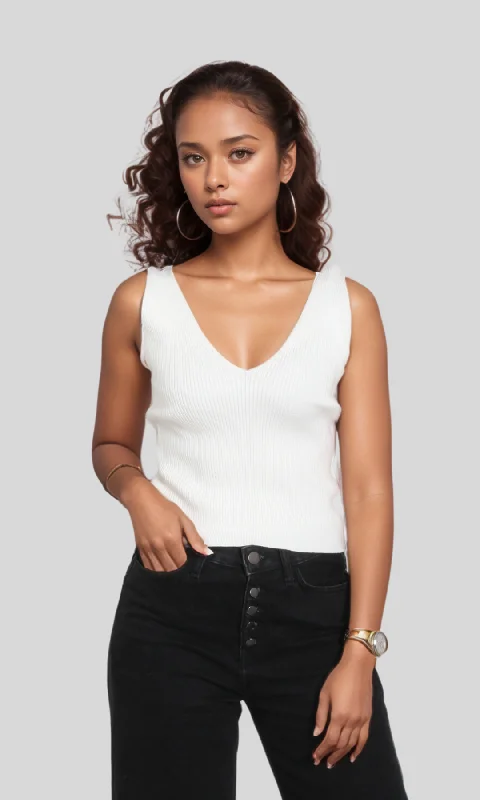 Women Fitted Knit Top (Off-White) V Neck Knit Shirt