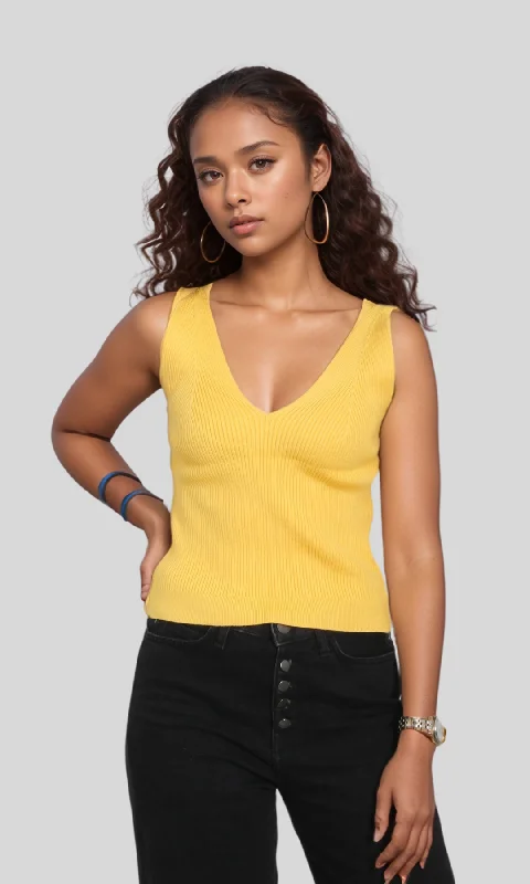 Women Fitted Knit Top (Yellow) Scoop Neck Knit Tee
