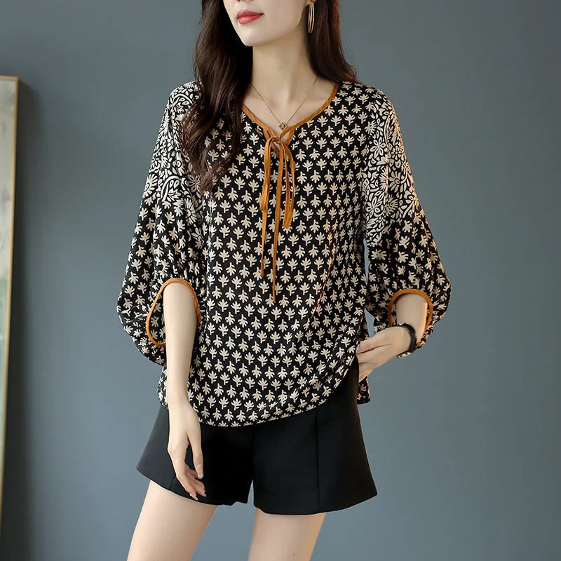 Women's Commuter Half Sleeve Lace Printing Chiffon Shirt Spandex Blend Rayon Blend Denim Blend