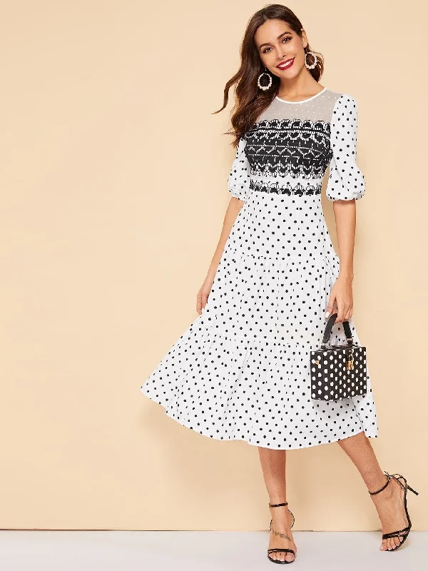 70s Dobby Mesh Yoke Polka Dot Ruffle Hem Dress