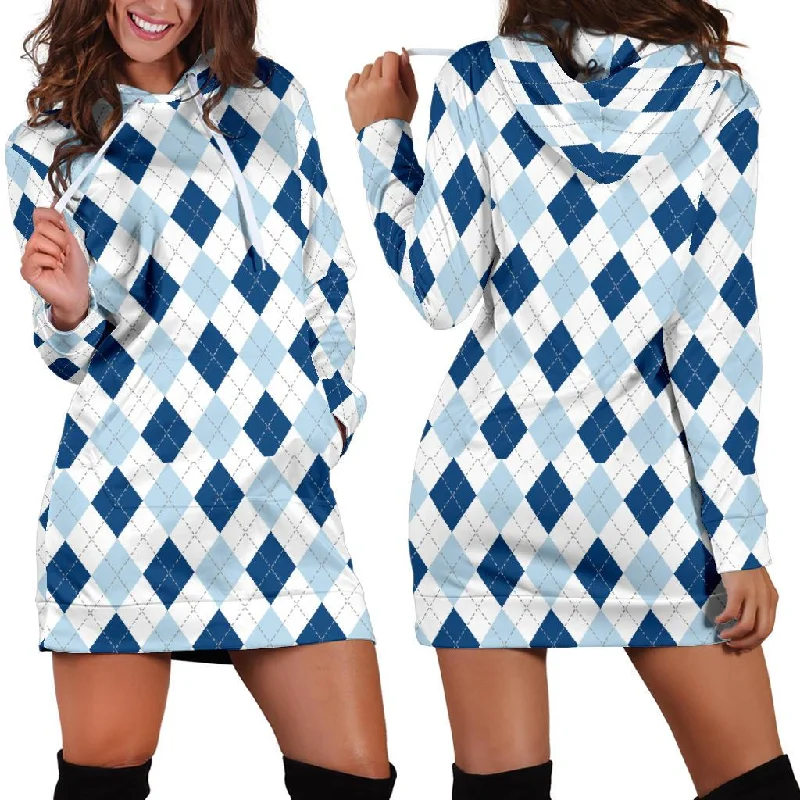 Argyle Blue Pattern Print Women Hoodie Dress