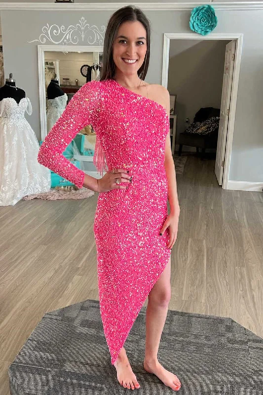 Asymmetrical Hot Pink One Sleeve Tassel Homecoming Dress