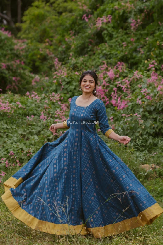 Blue Cotton Lotus Zari Dress