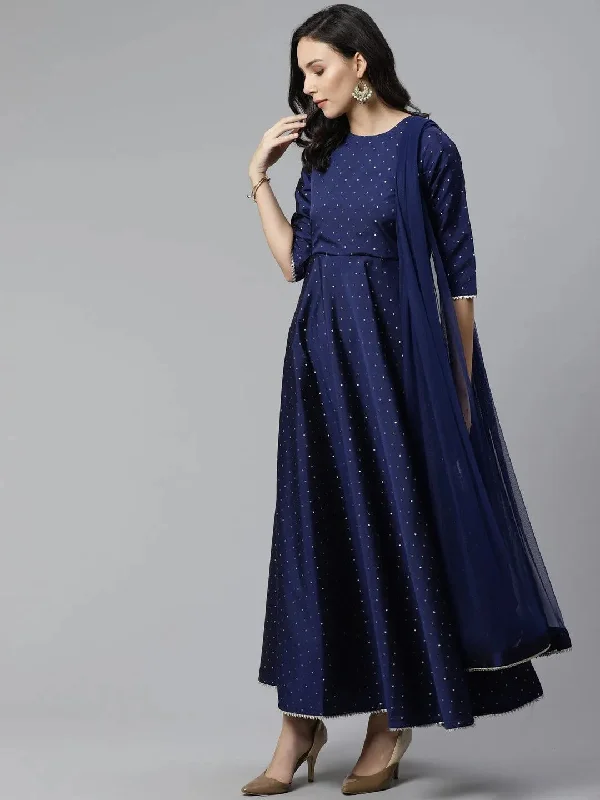 Navy Blue Self Design Chanderi Dress With Dupatta