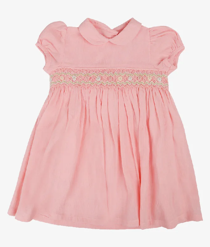 Coral Puffed Sleeved Green Smocked Girls Dress -  9-12 Months