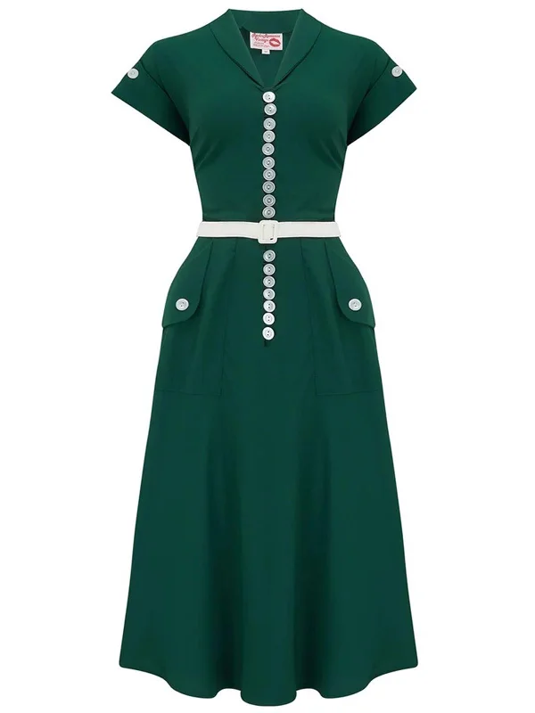 Deep Green Vintage Buttoned 1950s Day Dress