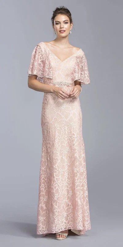 Aspeed M2035 V-Neck Long Lace Dress V-Neck with Flutter Sleeves