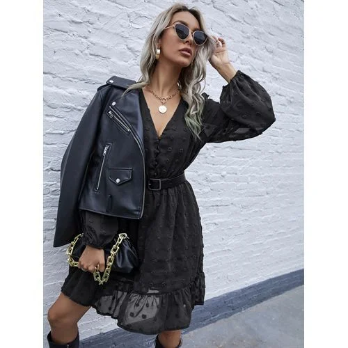 Fashion V-neck Beam Waist Chiffon Flounce Winter Fall Women's Dresses