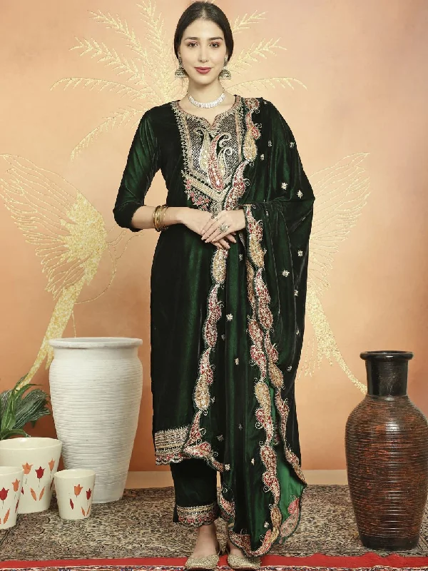 Green Velvet Embroidered Dress Material