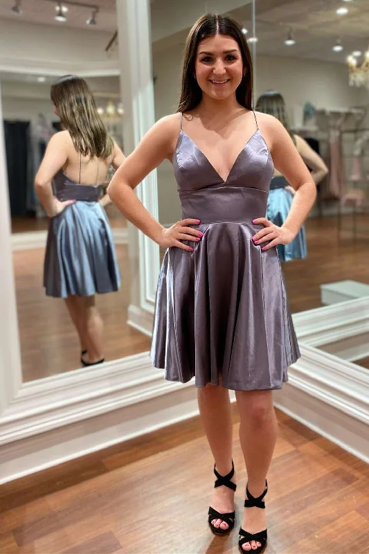 Grey V-Neck Spaghetti Straps A-Line Homecoming Dress
