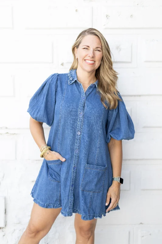 Denim Ruffle Pocket Dress