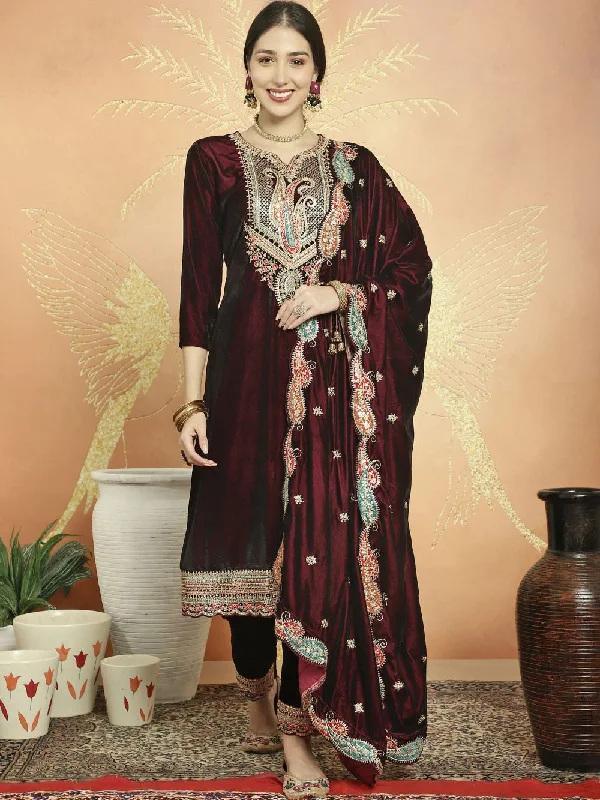 Maroon Velvet Embroidered Dress Material