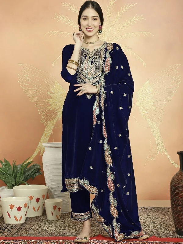 Navy Blue Velvet Embroidered Dress Material