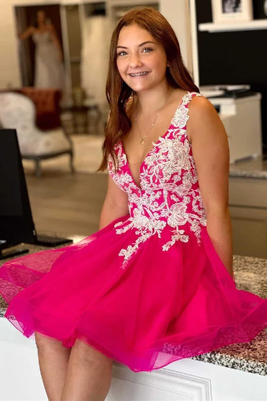 Neon Pink Appliques Backless A-Line Short Homecoming Dress