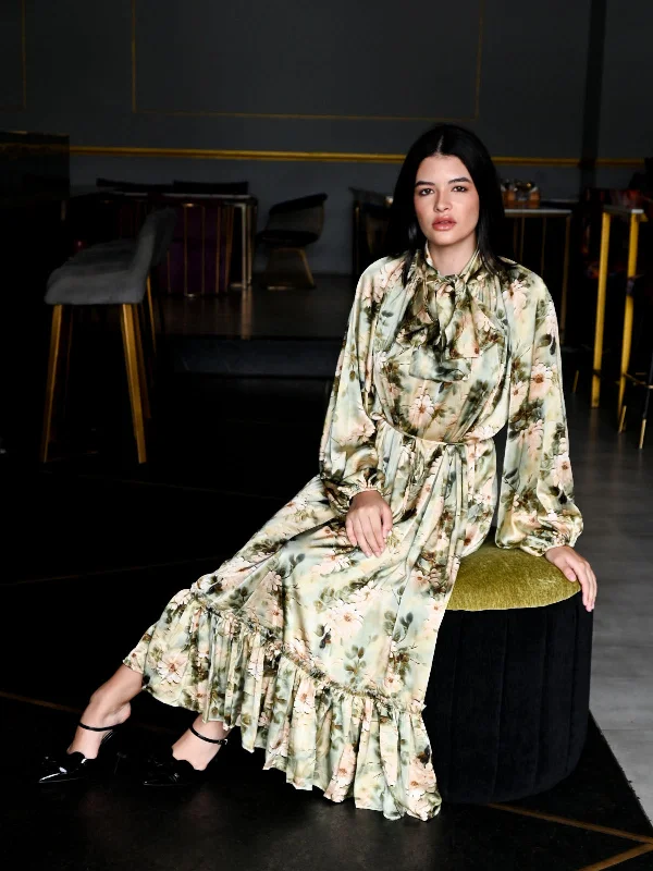 Odette Green Long Printed Satin Dress For Women
