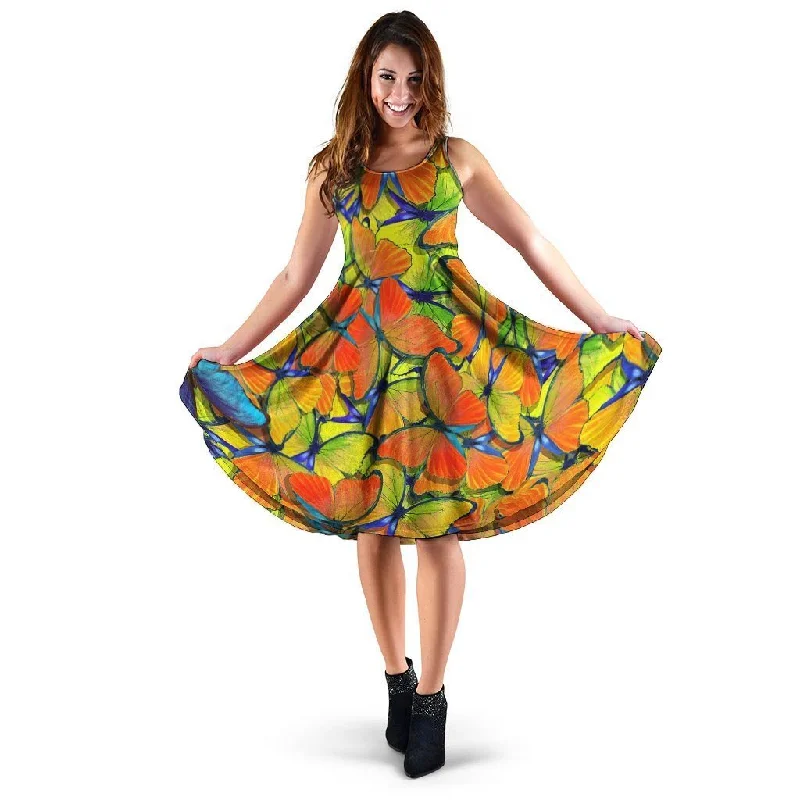 Orange And Blue Butterfly Print Dress