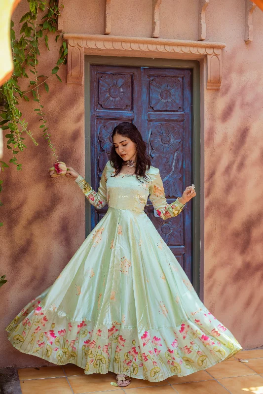 Pastel Green Silk Dress With Pichwai Motifs