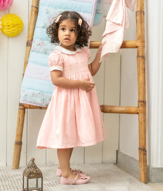 Pastel Pink Embroidered Collar Smocked Girls Dress