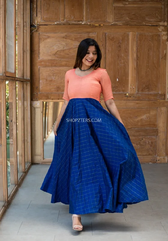 Peach and Blue Dupion Silk Dress