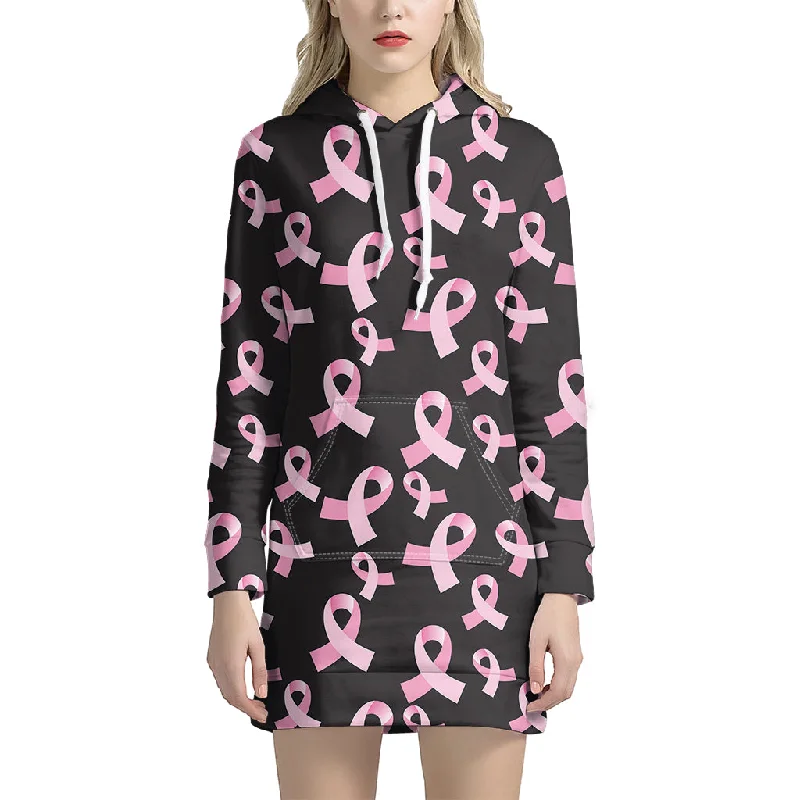 Pink Breast Cancer Ribbon Pattern Print Pullover Hoodie Dress