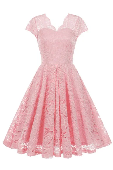 Pink Lace Illusion Neck A-line Vintage Dress