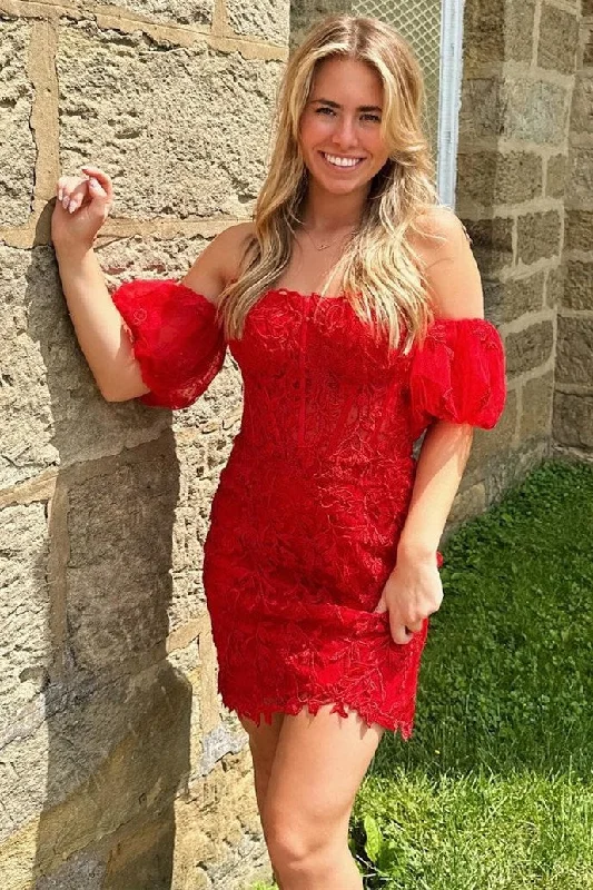 Red Appliques Strapless Short Homecoming Dress with Detachable Sleeves