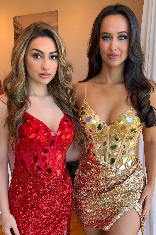Red Mirror-Cut Sequins Straps V Neck Homecoming Dress