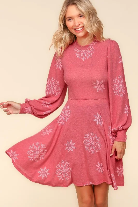 RED MOCK NECK SNOW FLAKE PRINT HACCI KNIT Holiday DRESS