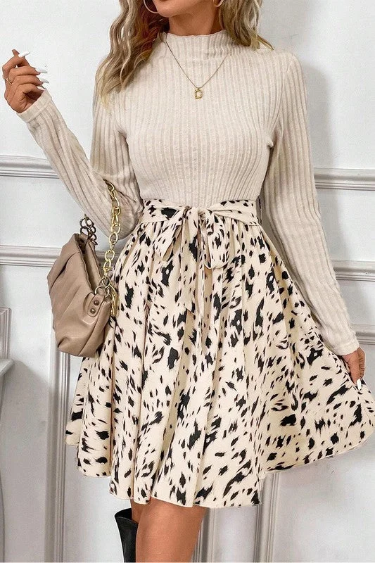 Ribbed Knit Patchwork Printed Belted Dress
