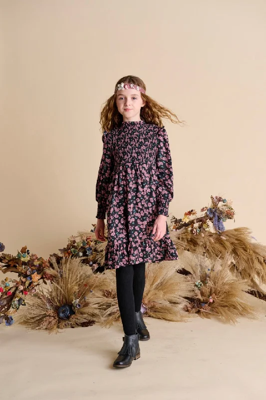 Black with Pink Rosebud Smocked Dress 1525