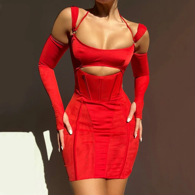 JuliaFashion - 2024 Sexy Backless Mesh Sheer Halter Corset Cutout Dress