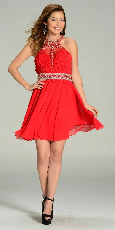 Poly USA 7236 Short Chiffon A Line Dress Beaded Halter Neck
