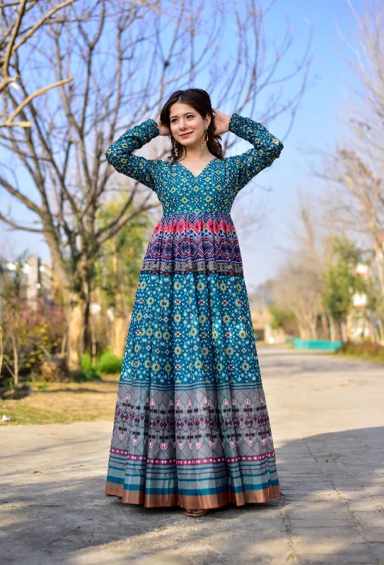 Sonakshi Women's Blue Heavy Digital Printed Cotton Silk Anarkali Dress