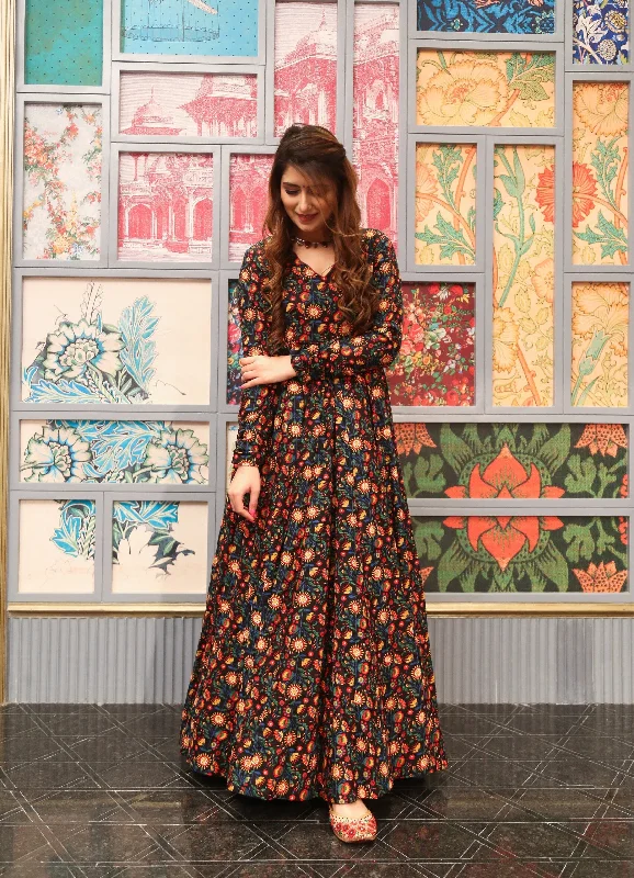 Sonakshi Women's Coffee Heavy Digital Printed Cotton Silk Anarkali Dress