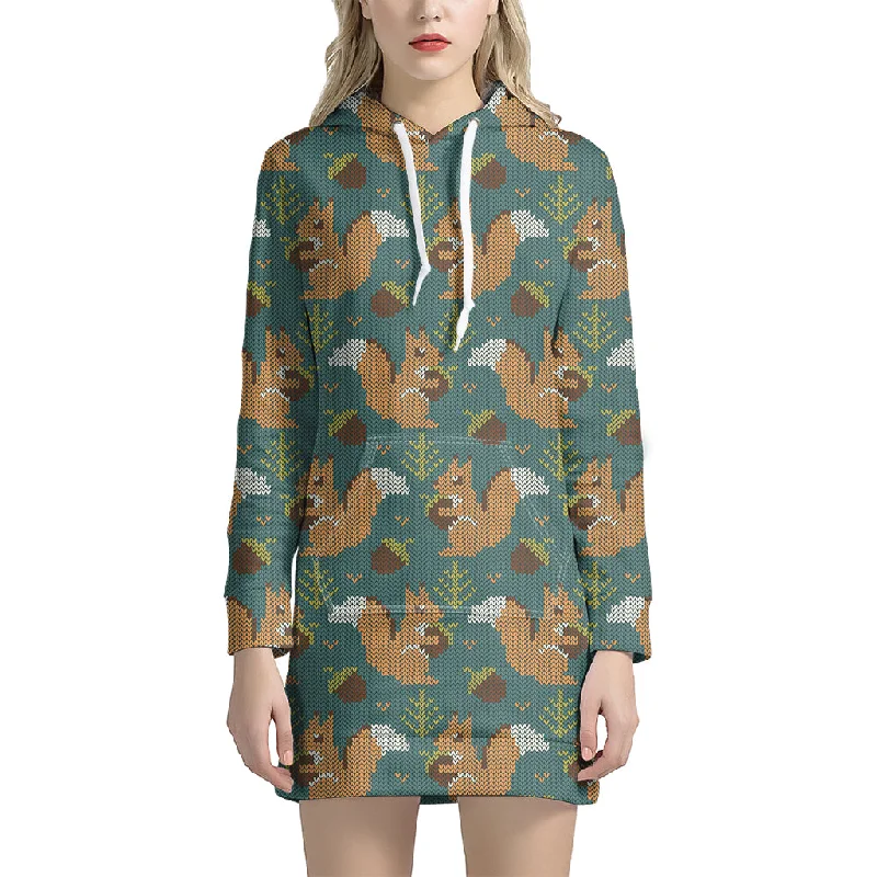Squirrel Knitted Pattern Print Pullover Hoodie Dress