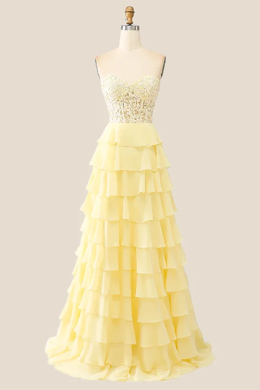 Sweetheart Yellow Appliques Tiered Ruffles Dress