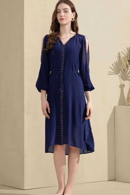 Tahari Silk Long Dress - Navy