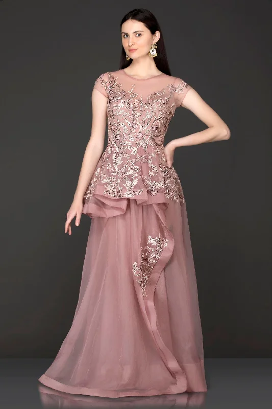 Mauve Colour One Piece Dress With Peplum Pleates On The Top Part Of The Dress