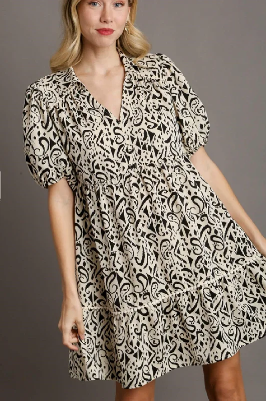 V-Neck Collared Print Dress