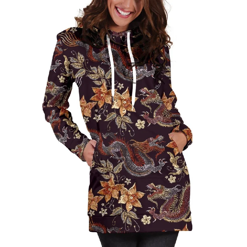 Vintage Dragon Flower Pattern Print Pullover Hoodie Dress