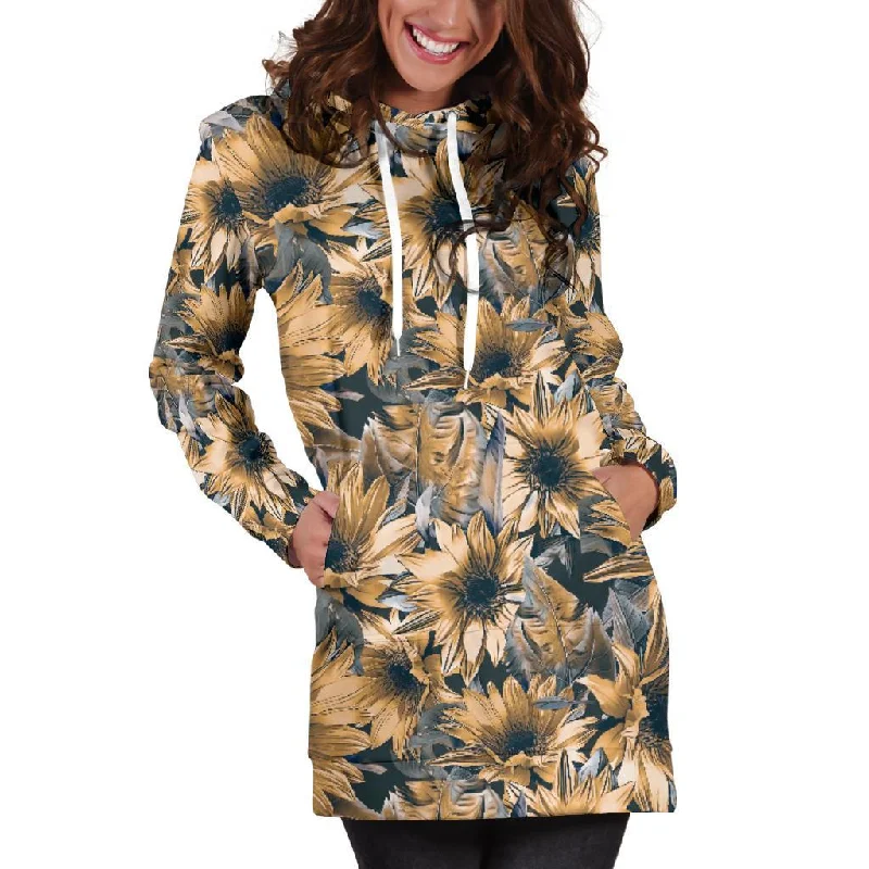 Vintage Sunflower Pattern Print Pullover Hoodie Dress
