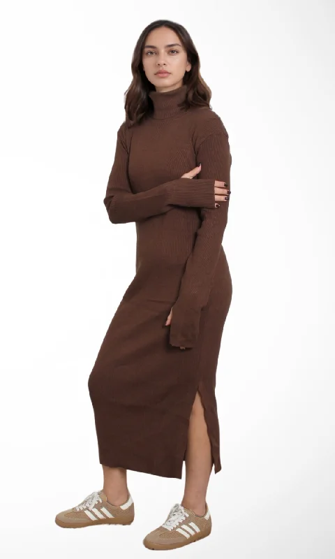 Women Tight Dress Turtle Neck (Brown)